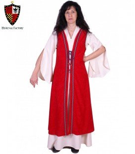 Vestido medieval rojo con camisón blanco de mangas y ribete azul