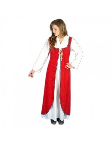 Conjunto medieval rojo: jubón sin mangas y camisón blanco de mangas abullonadas