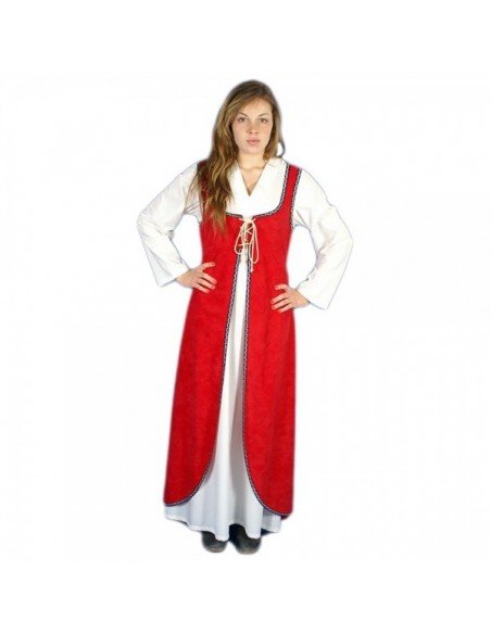 Conjunto medieval rojo con jubón frontal abrochado al centro y camisón blanco