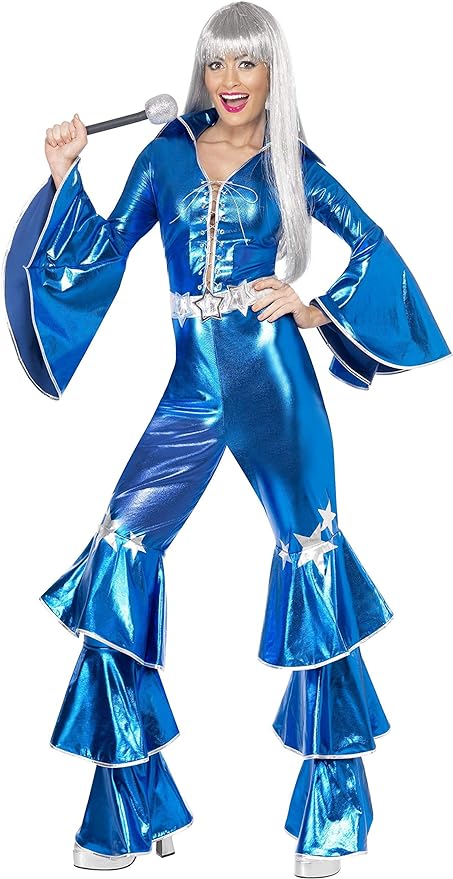 Disfraz de mujer azul tipo mono satinado con mangas campana y falda acampanada