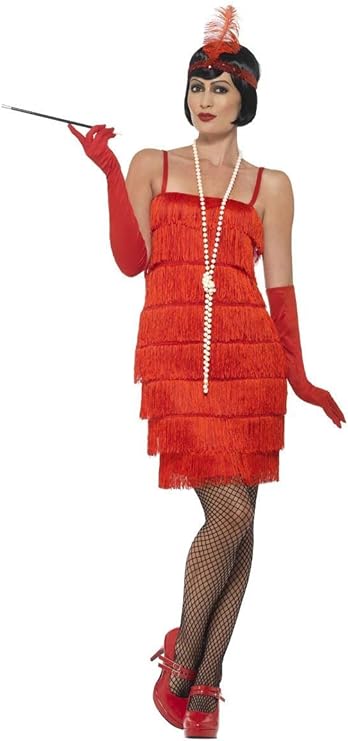 Disfraz años 20 rojo: vestido con flecos, diadema con plumas y medias de rejilla