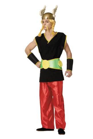 Disfraz de Asterix: túnica negra, pantalón rojo, cinturón verde, casco dorado con cuernos