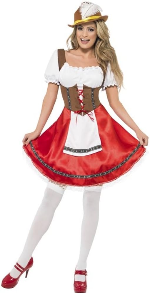 Vestido de disfraz bávaro para mujer blanco y rojo con mangas abullonadas y falda