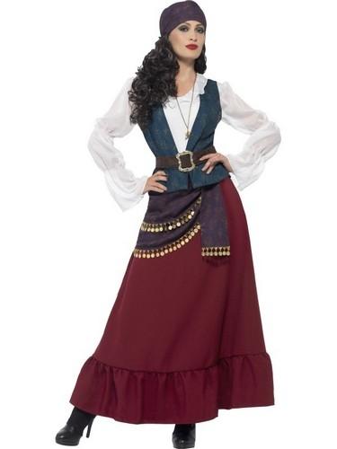 Disfraz de bucanera: blusa blanca, chaleco azul y falda burdeos con cinturón