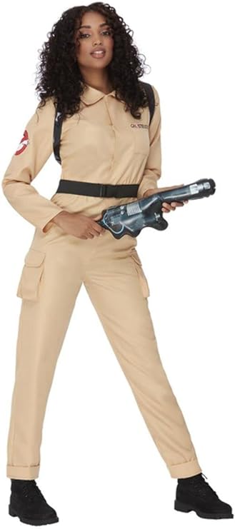 Mono beige de cazafantasmas para mujer con cinturón negro y bolsillos, manga larga.