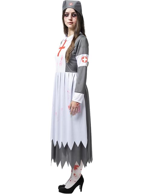 Vista lateral del vestido de enfermera zombi con cruz roja en la manga y bajo en picos