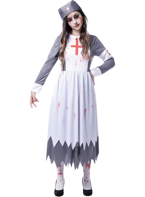 Vista frontal del disfraz de enfermera zombi para mujer con vestido blanco y gris y cofia