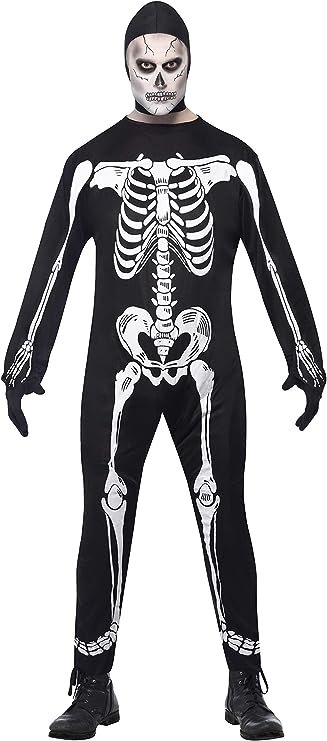 Disfraz de esqueleto para hombre negro con capucha y calavera blanca, mangas largas