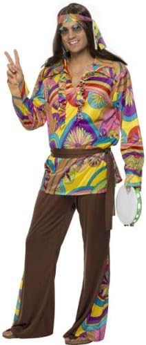 Disfraz hippie: blusa multicolor estampada con cinturón y pantalón marrón acampanado