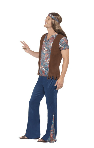 Disfraz de hippie para hombre con chaleco marrón, camisa estampada, pantalón azul y diadema