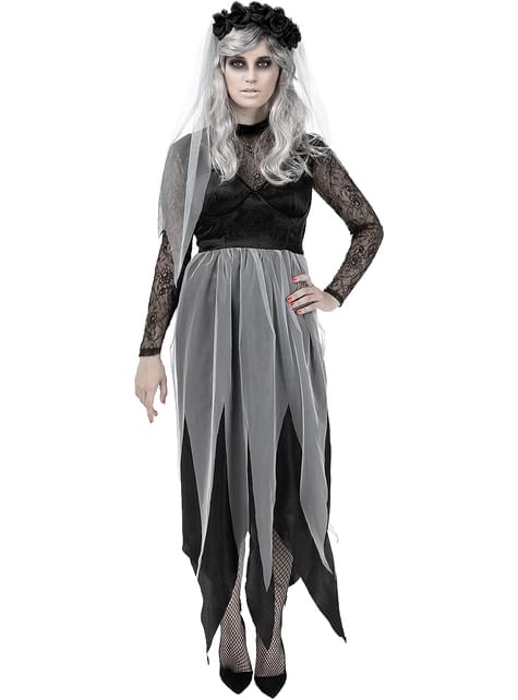 Disfraz de novia zombie con vestido negro, falda gris y velo blanco, guantes encaje