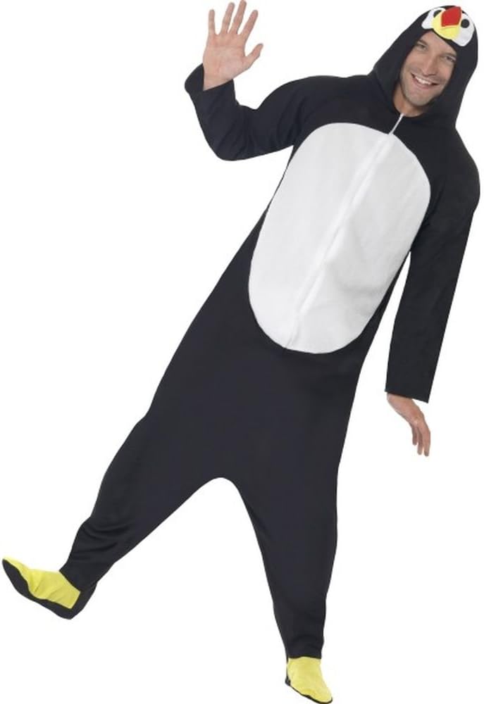 Disfraz de pingüino para hombre: mono negro con capucha y parches blanco, pies amarillos