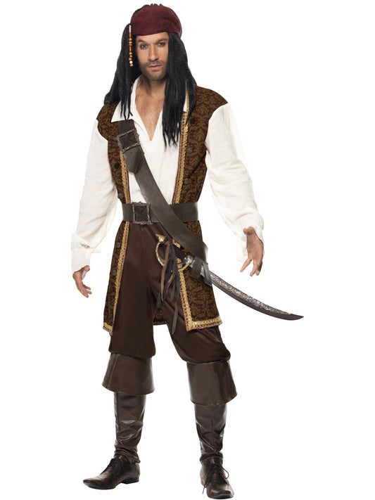 Disfraz de pirata masculino: chaleco marrón, camisa blanca, pantalón y botas negras