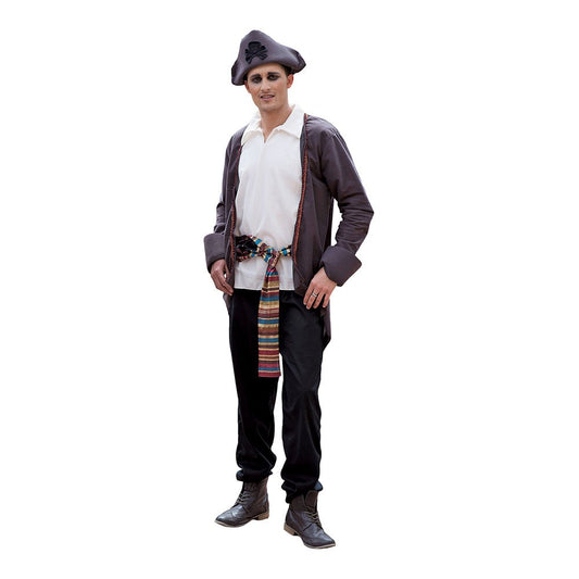 Disfraz de pirata para hombre con gorra, chaqueta y pantalón negros, camisa blanca y cinturón.