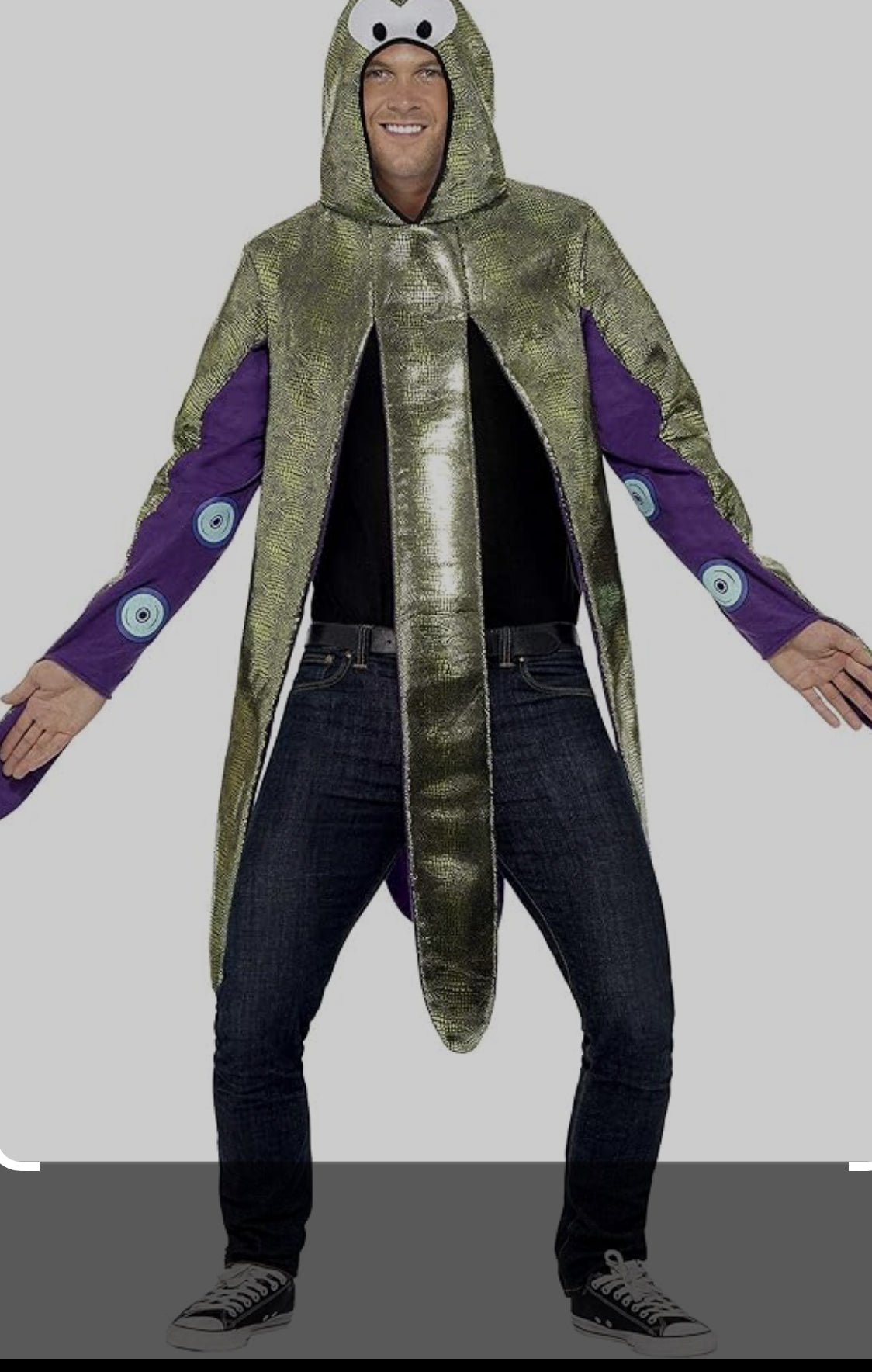 Traje de pulpo con capucha: capa verde metalizada y tentáculos morados sobre pantalón negro