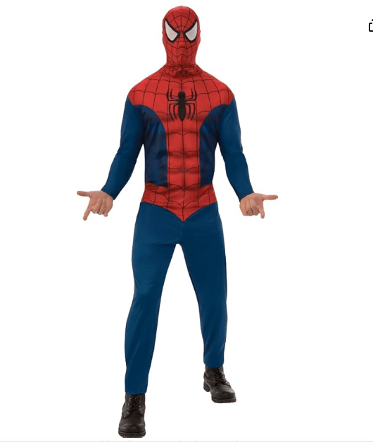 Disfraz rojo y azul con capucha y logo de araña, traje completo