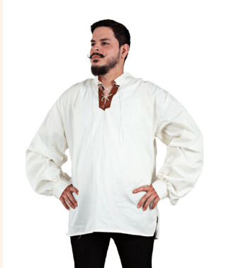 Camisa medieval blanca con cuello marrón y cordón de tabernero para hombre