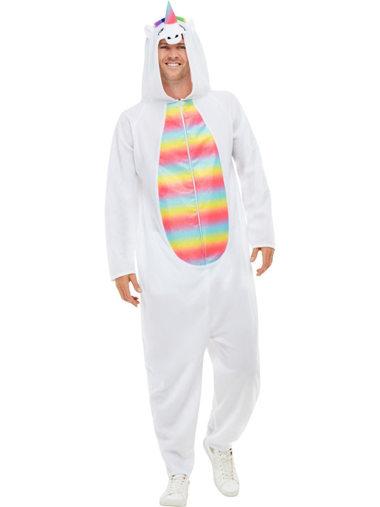 Enterizo de unicornio blanco con capucha, cuerno y panel arcoíris frontal