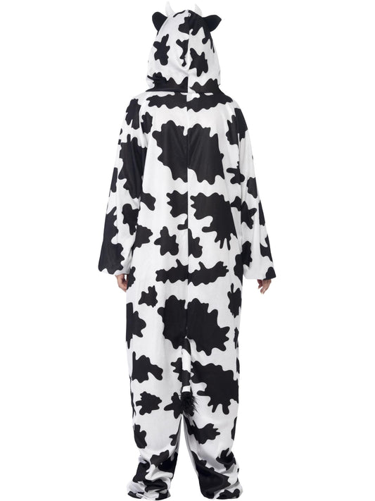 Mono de vaca blanco y negro con capucha y manchas, vista trasera lateral