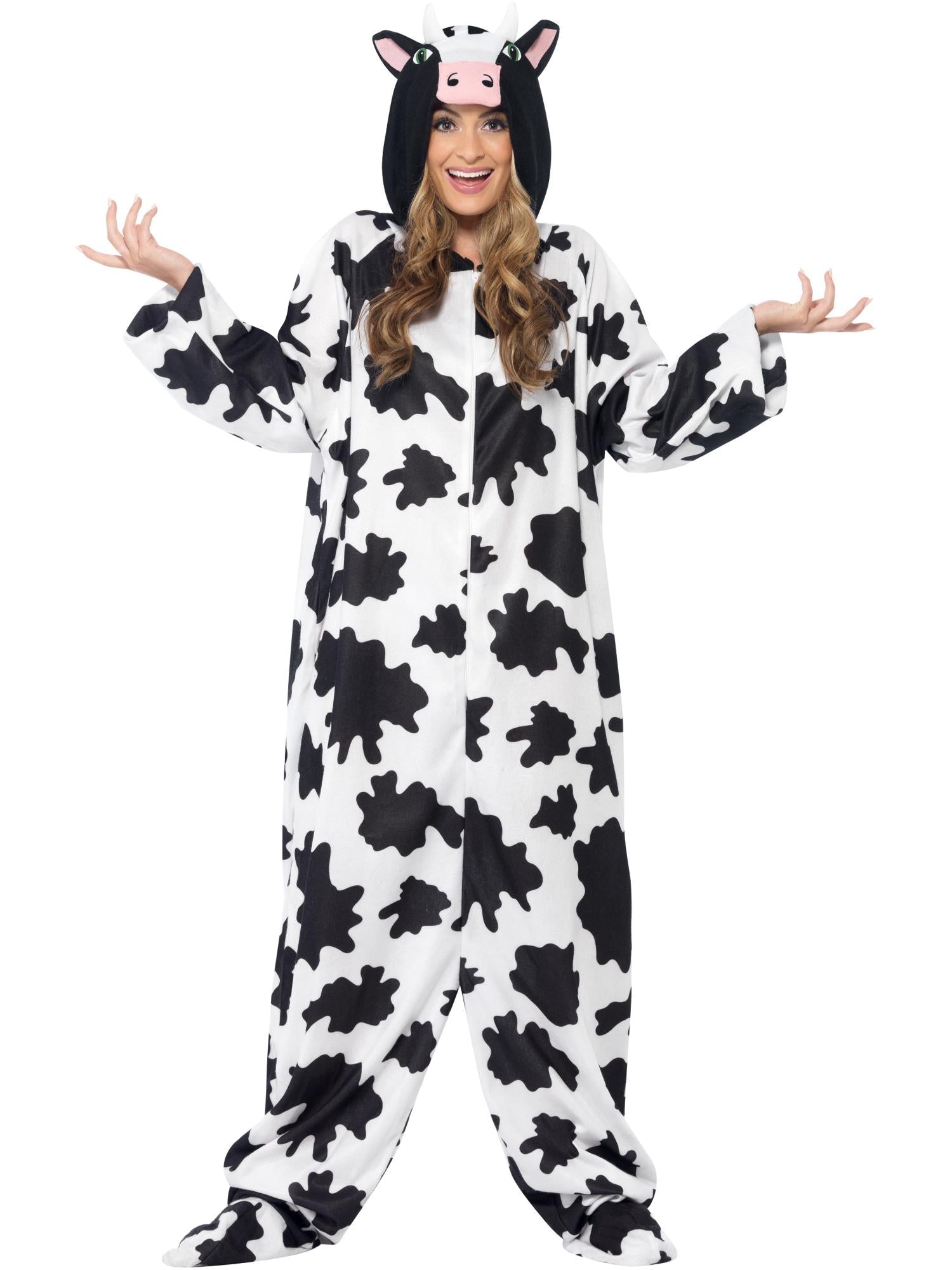 Disfraz tipo mono de vaca blanco y negro con capucha y orejas, estampado de manchas