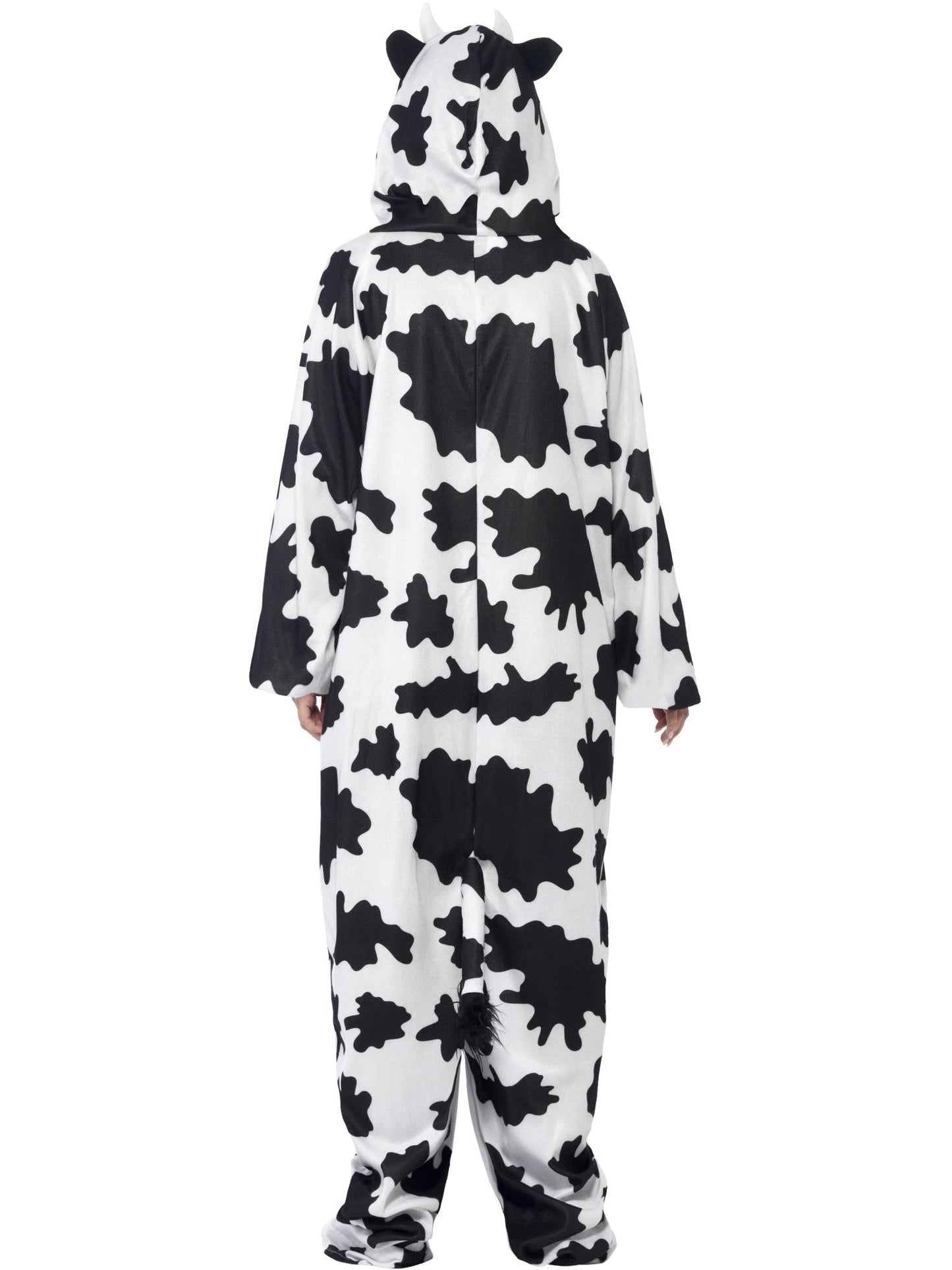 Mono de vaca blanco y negro con capucha, espalda y piernas con manchas grandes