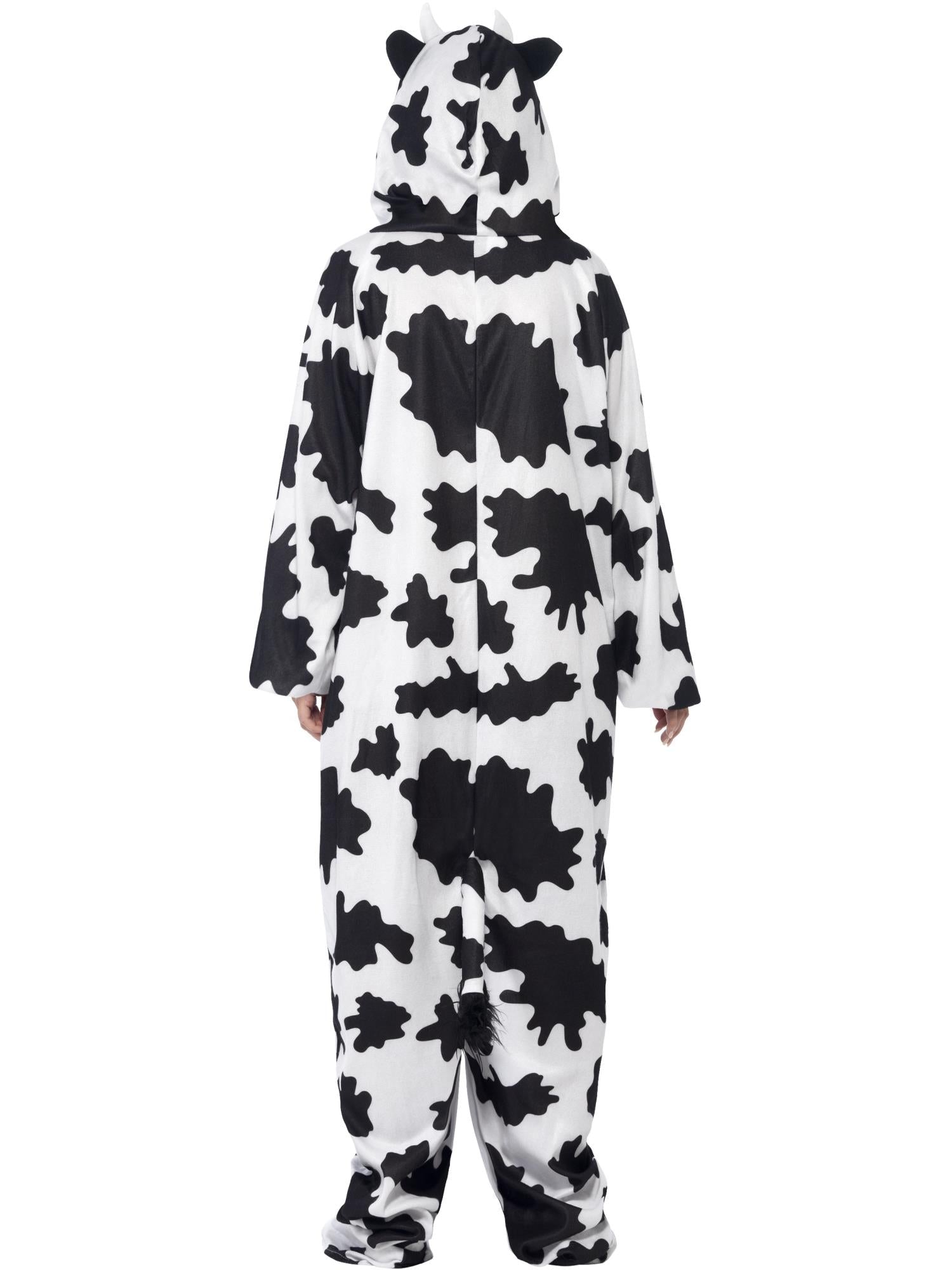 Mono de vaca blanco y negro con capucha, espalda y piernas con manchas grandes