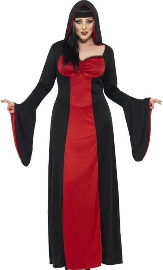 Disfraz de vampiresa: vestido largo rojo y negro con capa con capucha