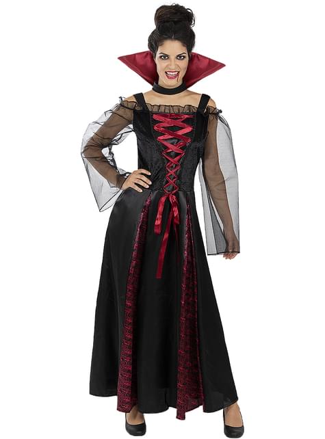 Disfraz de vampiresa para mujer con vestido largo negro y burdeos, mangas de tul y cuello alto rojo