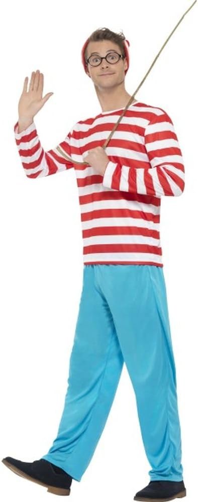 Disfraz de Wally para hombre: suéter a rayas rojo y blanco, pantalón azul y gafas