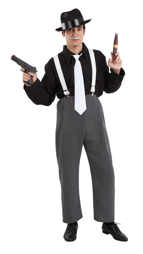 Disfraz gánster hombre con traje negro de rayas, bombín, pajarita, arma y puro