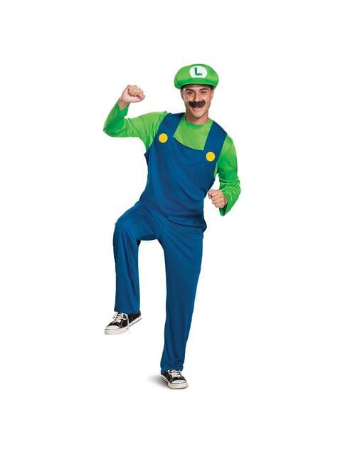Disfraz de Luigi para adulto: gorra verde con L, camiseta verde y mono azul