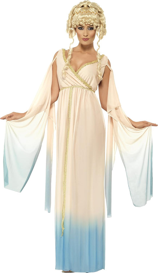 Disfraz de princesa: vestido largo beige y azul claro con capa y tocado dorado