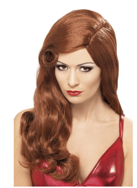 Peluca pelirroja con ondas largas y raya lateral, flequillo corto