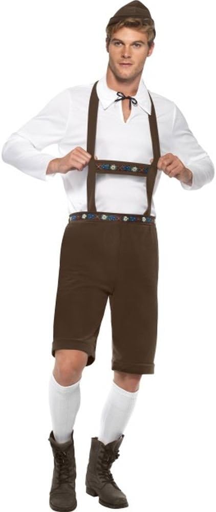 Disfraz cervecero: camisa blanca, pantalón corto marrón, botas altas y calcetines