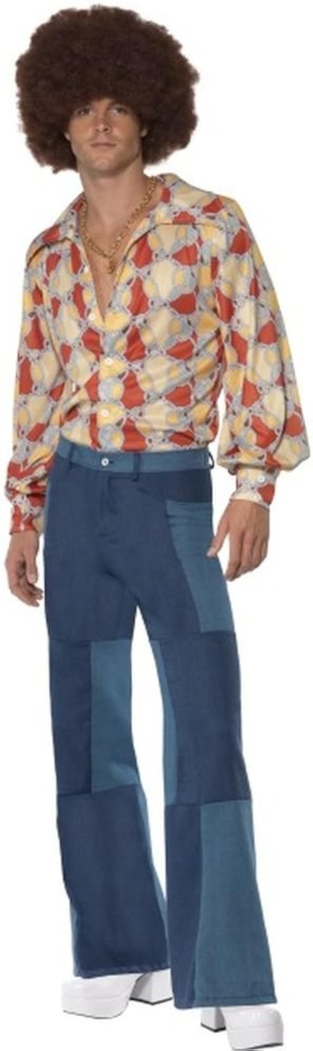 Conjunto de camisa de manga larga con estampado multicolor y pantalón azul acampanado
