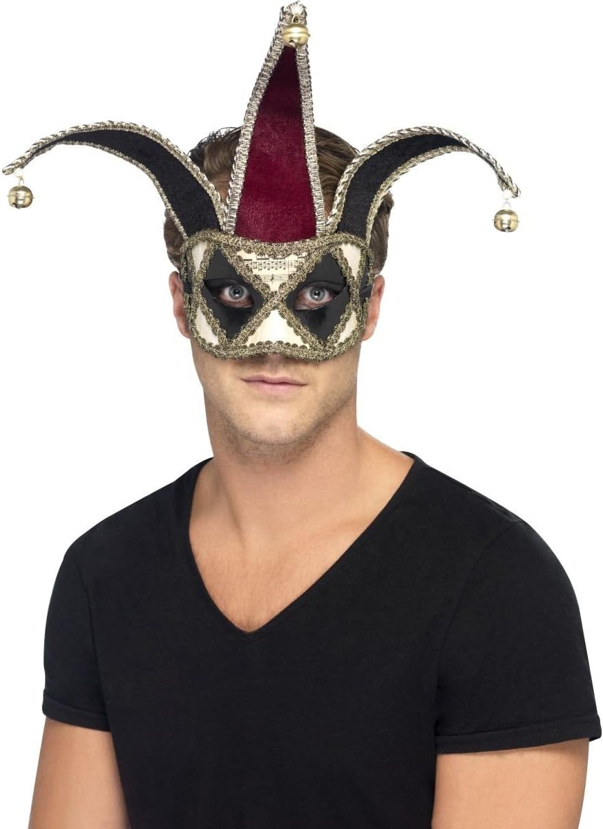 Máscara de arlequín con diseño negro y dorado, detalles burdeos y visor para los ojos