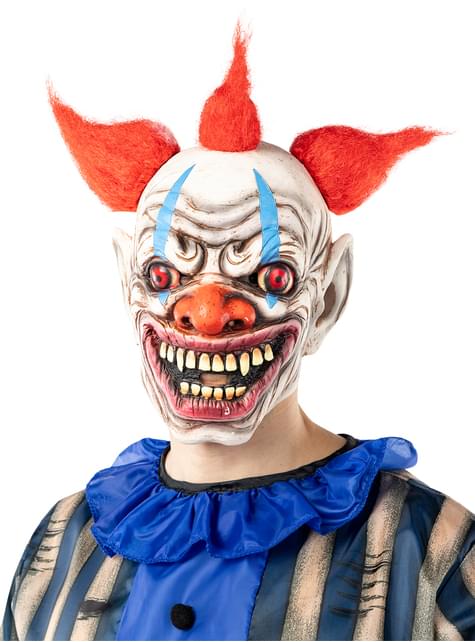 Máscara de payaso de terror puesta, vista frontal; traje y cuello no incluidos