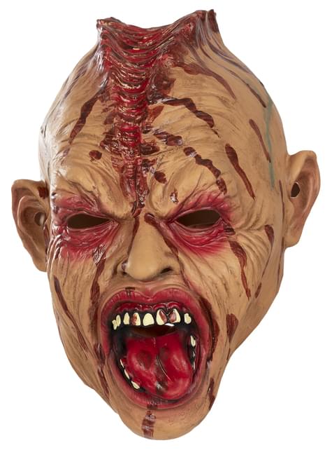 Vista frontal de máscara de zombi de látex con heridas simuladas y boca en expresión de grito
