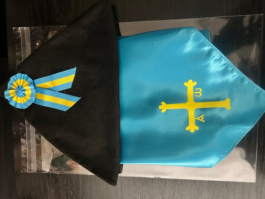 Pack de montera negra y pañuelo azul turquesa con cruz amarilla y adornos