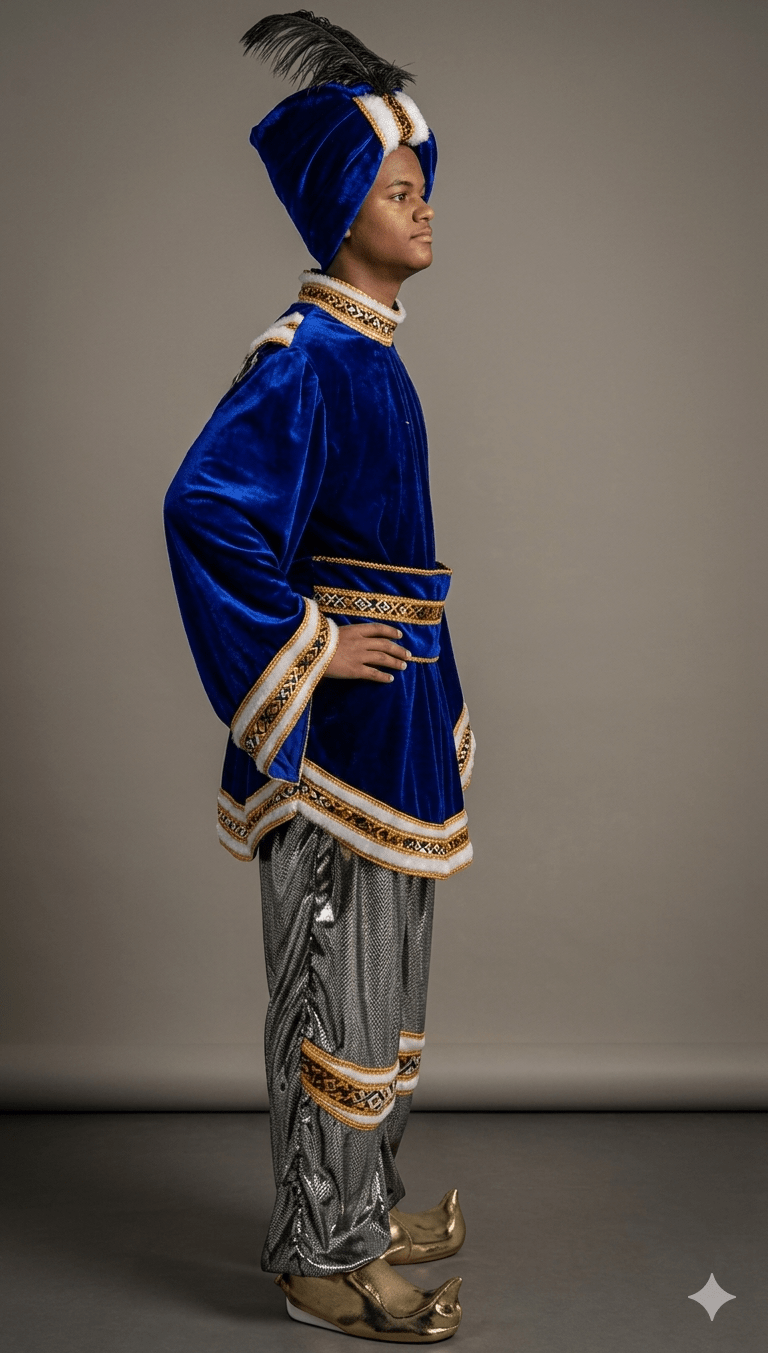 Disfraz de rey Baltasar: perfil con túnica azul y cinturón dorado, pantalón gris