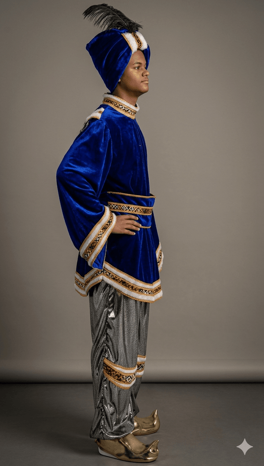 Disfraz de rey Baltasar: perfil con túnica azul y cinturón dorado, pantalón gris