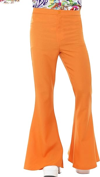 Pantalones de campana naranjas de cintura alta, pierna acampanada y cierre frontal con botones