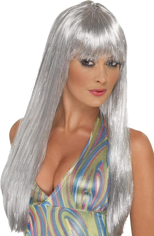 Peluca ABBA para mujer plateada, pelo lacio largo con flequillo