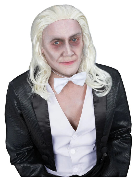 Peluca canosa de Halloween para hombre con cabello largo ondulado y flequillo