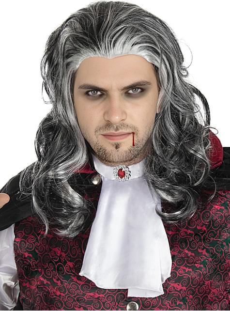 Peluca larga de vampiro, con ondas y mechones negros y grises