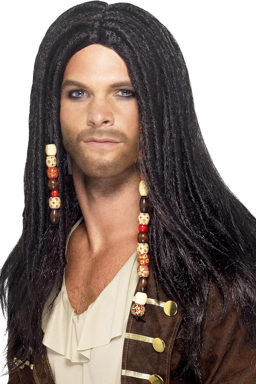 Peluca de pirata con cabello negro largo y ondulado, con cuentas doradas en el lateral