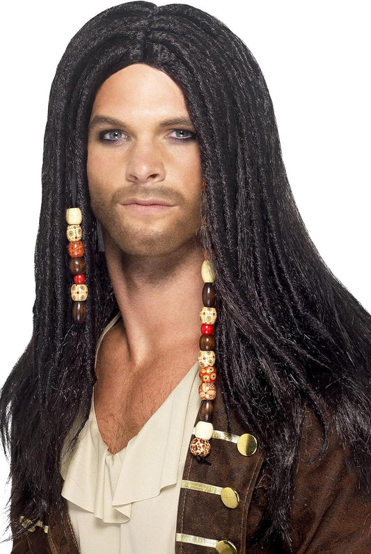 Peluca de pirata con cabello negro largo y ondulado, con cuentas doradas en el lateral