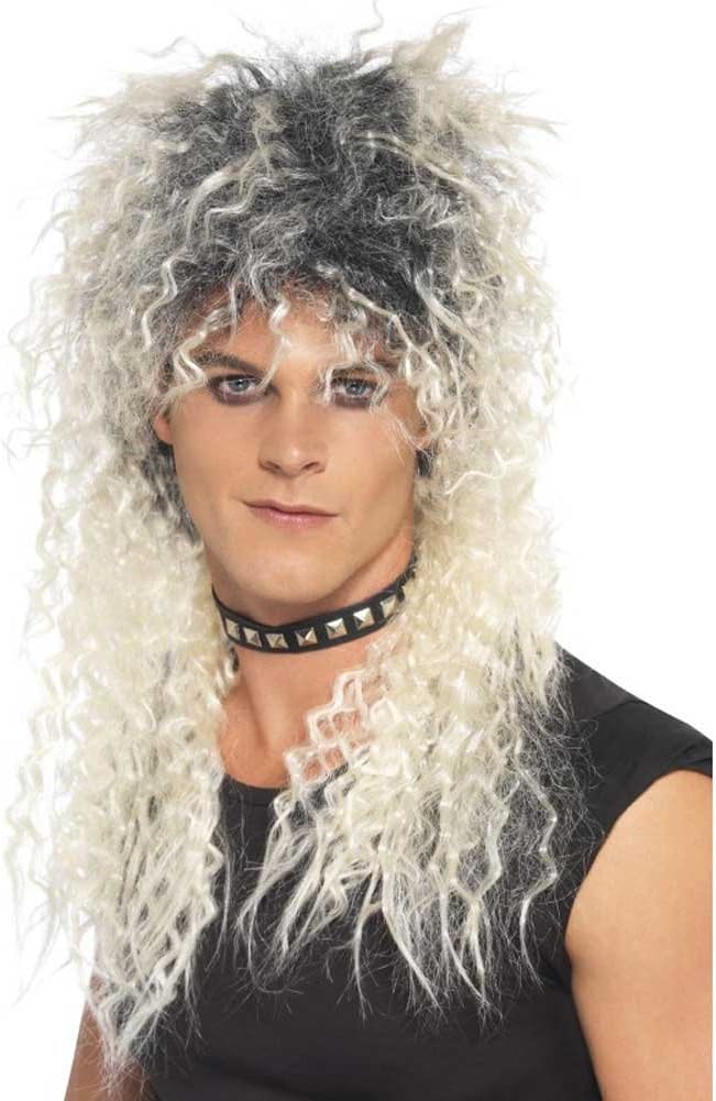 Peluca de rockero con pelo rizado gris y negro, estilo voluminoso y despeinado