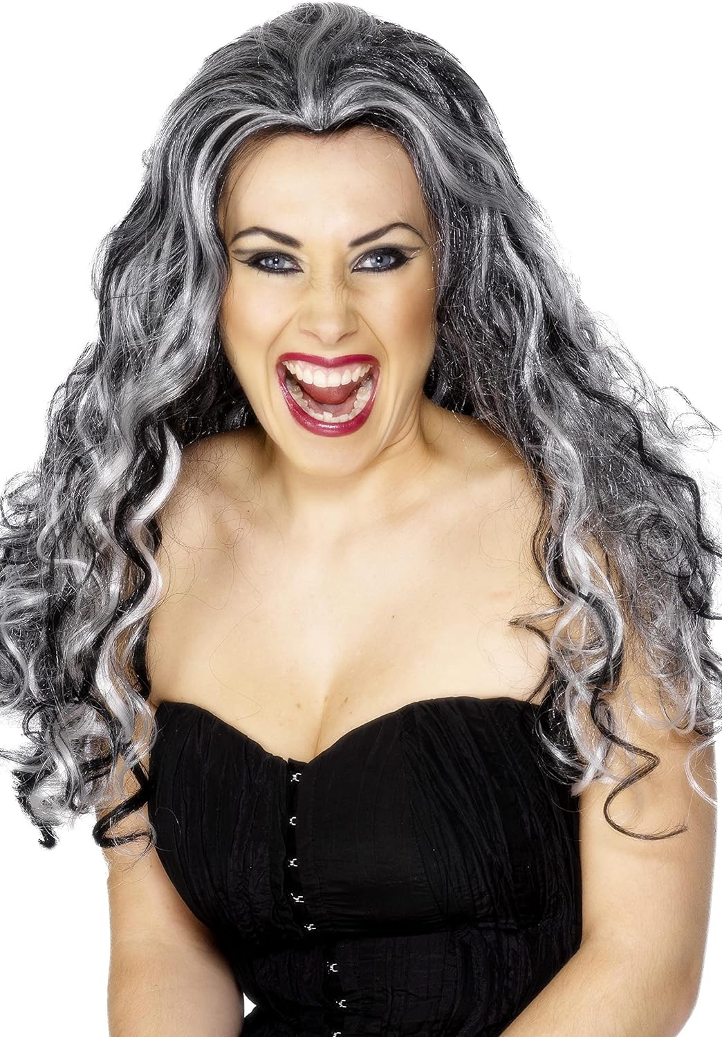 Peluca de vampira con cabello gris plateado largo y ondulado