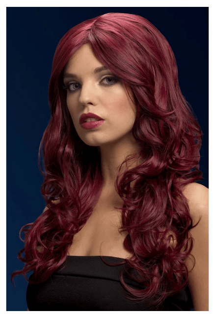 Peluca pelirroja lavable con ondas largas y raya al lado, estilo de disfraz.